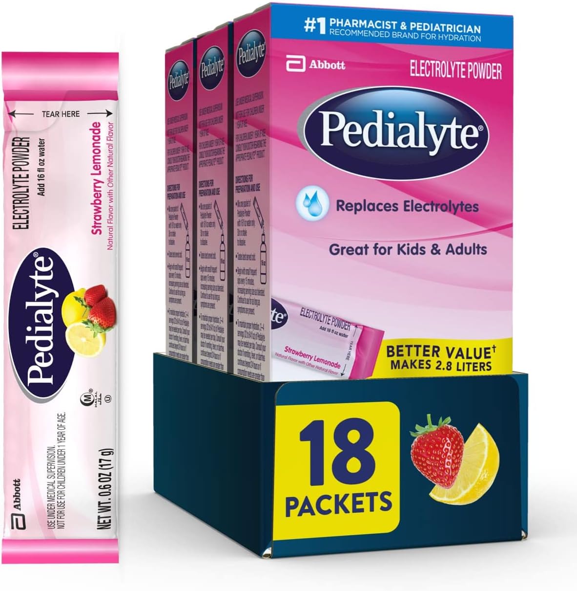Pedialyte-Paquetes-de-polvo-de-electrolitos,-limonada-de--fresa,-bebida-de-hidratación,-18-paquetes-de-343